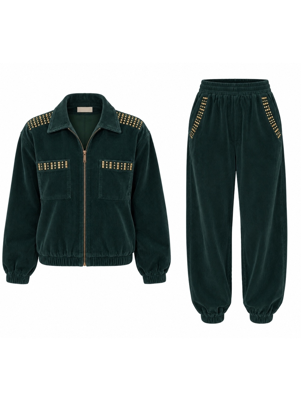 Vintage Dark Green Studded Jacket & Pants Set